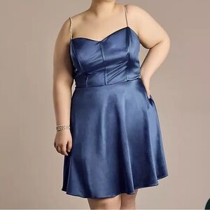 Jules & Cleo Navy Satin Short Dress with Shiny Straps